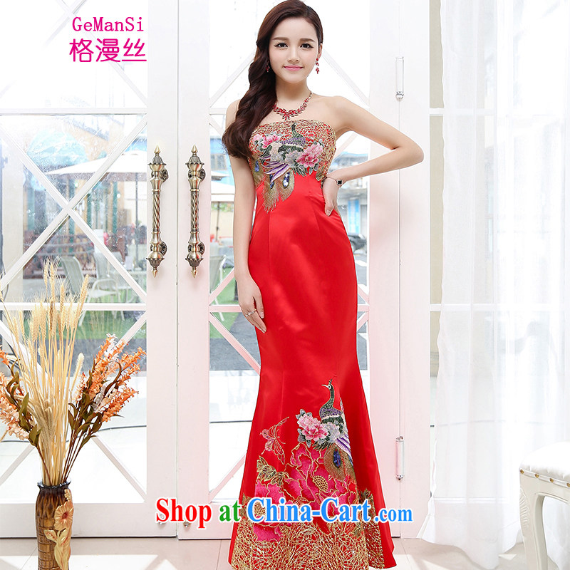 The diffuse population GEMANSI 2015 summer new elegance wiped his chest embroidery the waist cultivating crowsfoot dress dress wedding clothes dresses female Red M