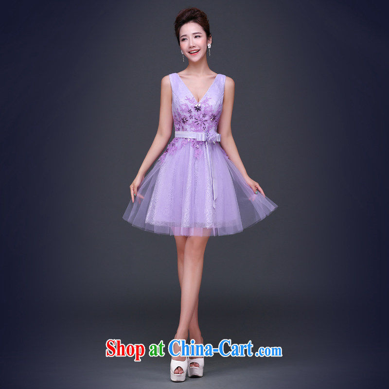 Jie MIA dress short 2015 new summer purple shoulders V collar bridesmaid sister serving as a dress for wedding banquet female light purple XXL