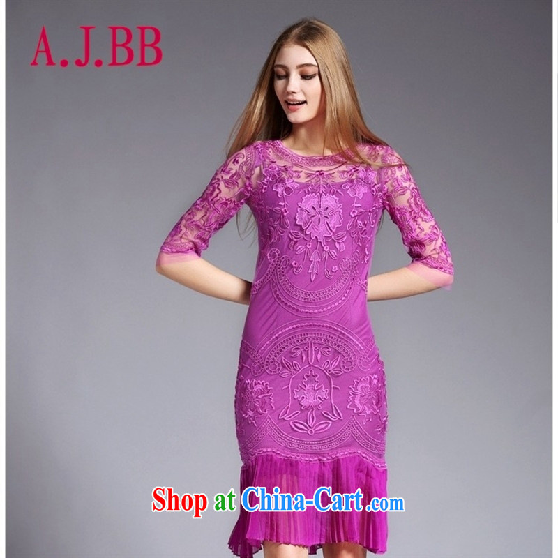 With vPro heartrendingly dress autumn 2015 new products, Lace Embroidery Web yarn 100 hem crowsfoot package and evening dress 3096 blue XXXL