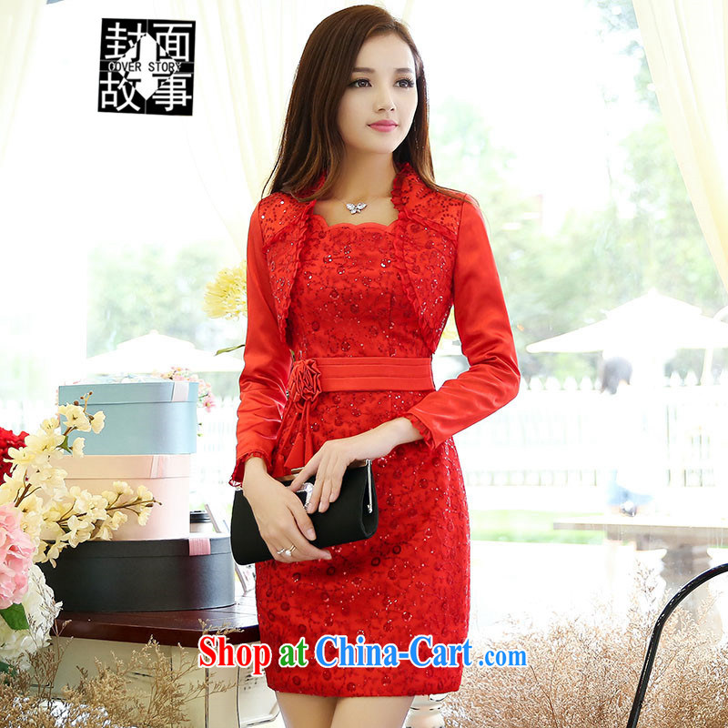 Cover Story 2015 new light, long-sleeved short T-shirt + beauty graphics thin package and further dresses brides with bridal toast dress red XXL