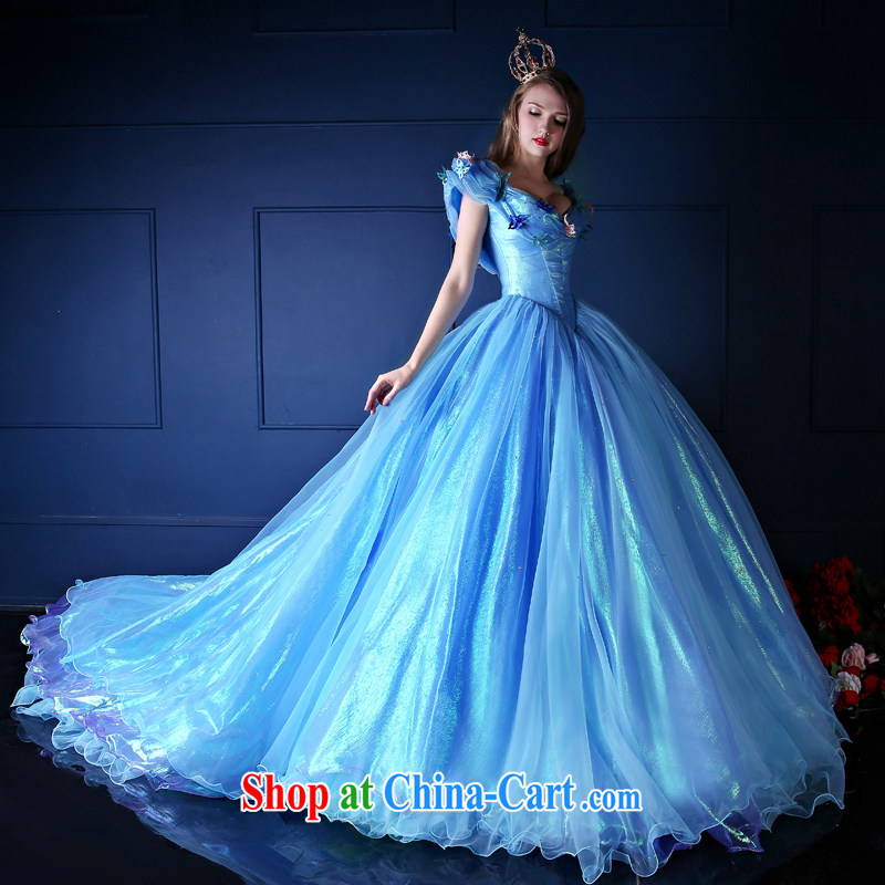 wedding dresses 2015 spring and summer new Cinderella, upscale continental a shoulder-length, bride's tail dress blue M