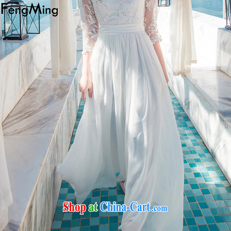Abundant Ming 2015 summer terrace shoulder nails Pearl aura of Yuan dress dresses snow-woven large resort long skirt white XL, HSBC Ming (FengMing), and, on-line shopping