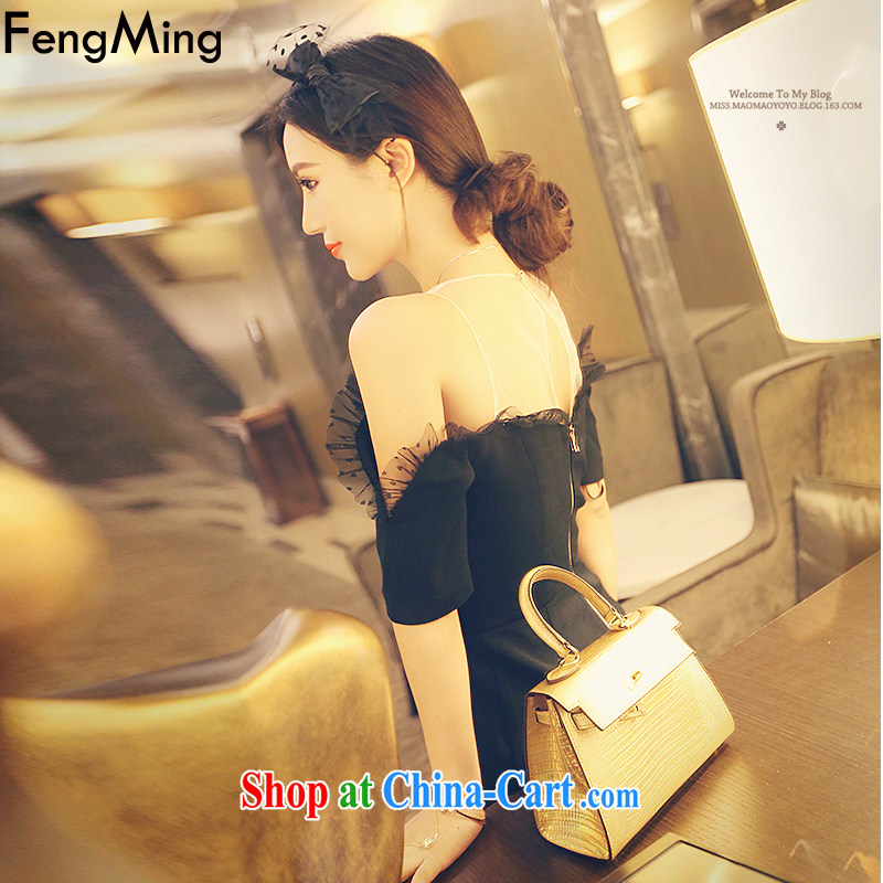 Abundant Ming fall 2015 the same sense of black bare shoulders Web yarn lace short-sleeve on the truck dress dresses beauty long skirt black M, HSBC Ming (FengMing), online shopping