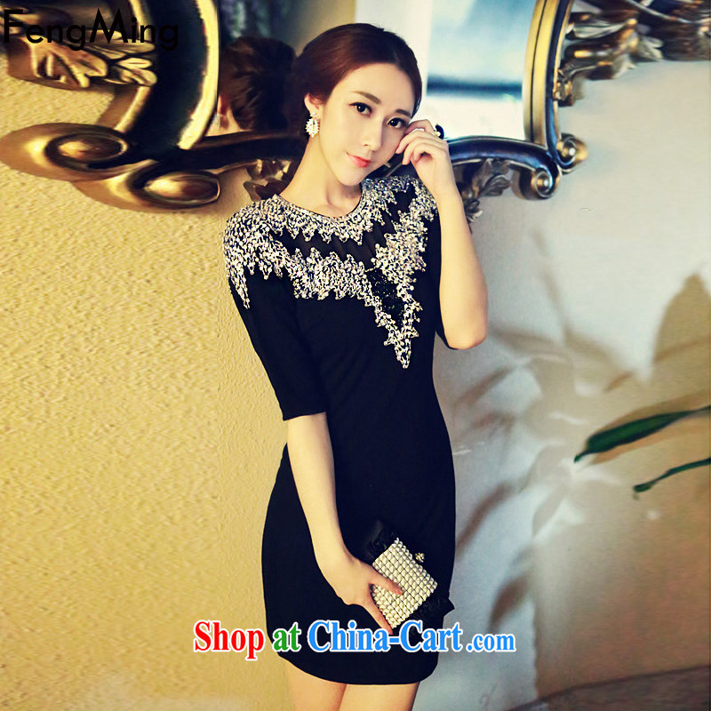Abundant Ming 2015 autumn and winter Ching Ching with beauty package and insert the drill sleeve dresses luxury to manually staple Pearl high-end dress black L