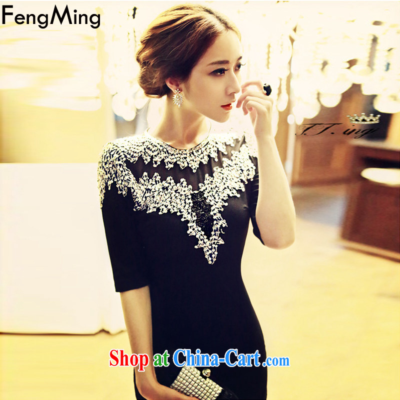 Abundant Ming 2015 autumn and winter Ching Ching with beauty package and insert the drill sleeve dresses luxury to manually staple Pearl high-end dress black L, HSBC Ming (FengMing), shopping on the Internet