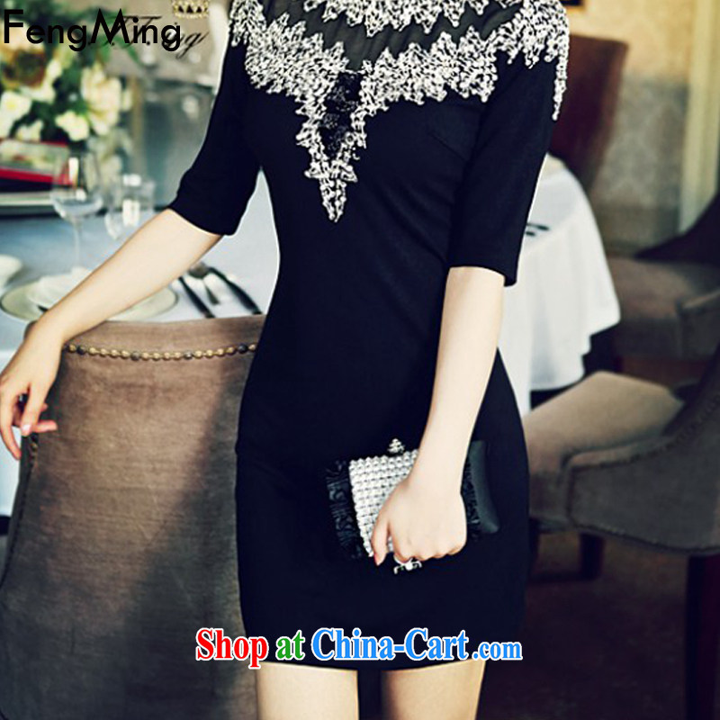 Abundant Ming 2015 autumn and winter Ching Ching with beauty package and insert the drill sleeve dresses luxury to manually staple Pearl high-end dress black L, HSBC Ming (FengMing), shopping on the Internet