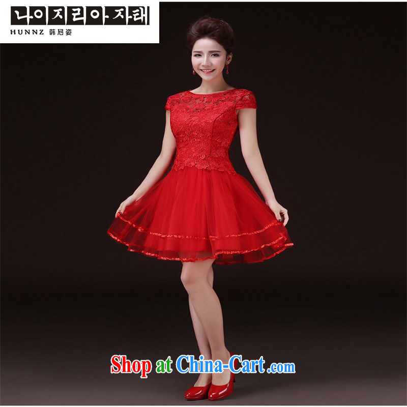 Products hannizi 2015 new spring and summer stylish red short-field shoulder bridal wedding banquet dress female Red M, Korea, colorful (hannizi), shopping on the Internet