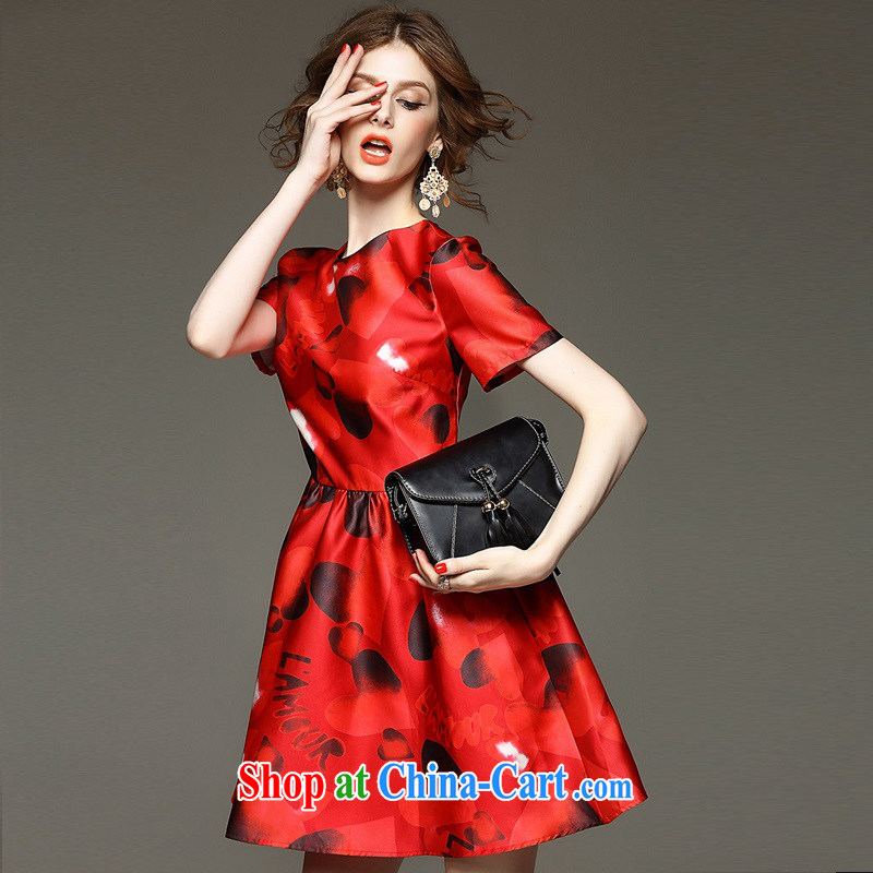 The poetry film autumn 2015 new female commercial heart stamp collection waist A field dresses beauty charm small dress skirt red XL, European poetry (oushiying), online shopping