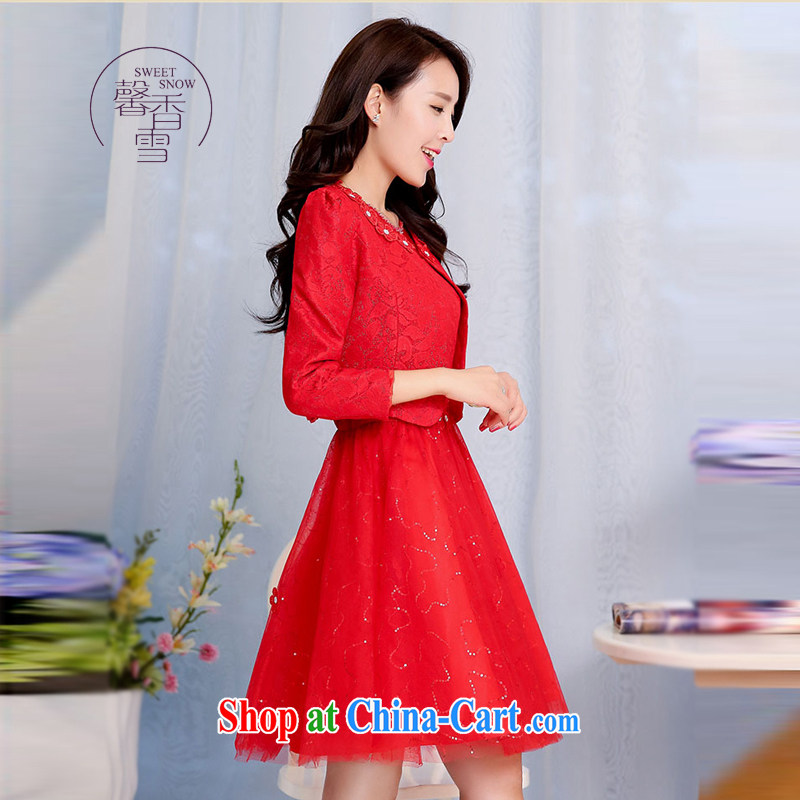 Fragrant snow fall 2015 new fluoroscopy round-neck collar-lace flowers beauty graphics thin model dresses female Two-piece elegant antique dresses red XXXL, fragrant Snow (XINXIANGXUE), online shopping