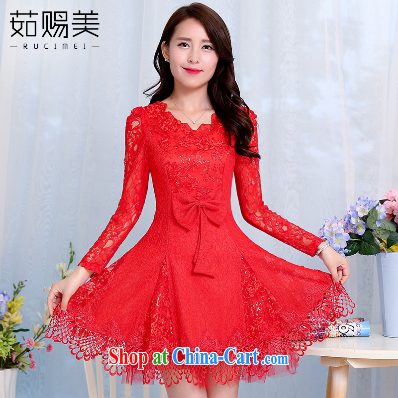 Ju gave us 2015 spring new married women bows dress female short lace beauty dresses red XXL