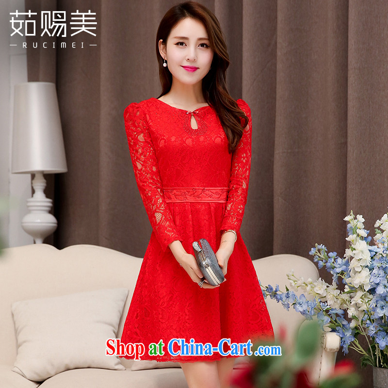 Ju gave us 2015 spring new married women bows dress female short lace beauty dresses red XXL
