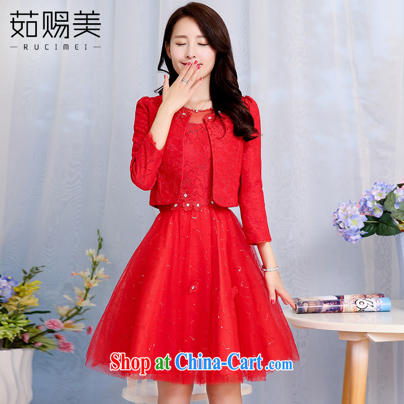 Ju gave us 2015 spring new married women bows dress female short lace-cultivating dresses two piece red XXXL