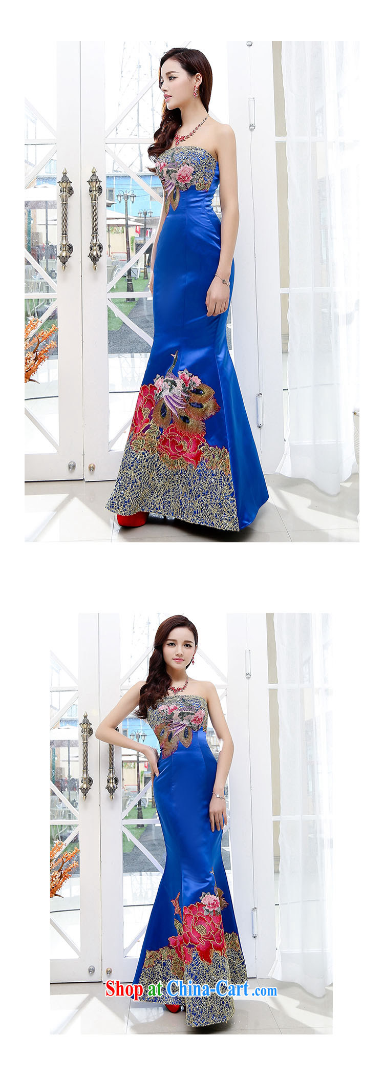 The card icon and drag and drop long skirt 2015 sexy bare chest China wind beautiful embroidered long dress wedding banquet dress the waist graphics thin dress royal blue M pictures, price, brand platters! Elections are good character, the national distribution, so why buy now enjoy more preferential! Health