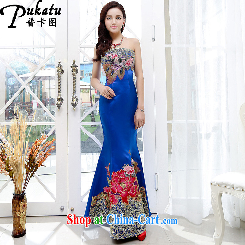 The card icon and drag and drop long skirt 2015 sexy bare chest China wind beautiful embroidered long dress wedding banquet dress the waist graphics thin dress royal blue M
