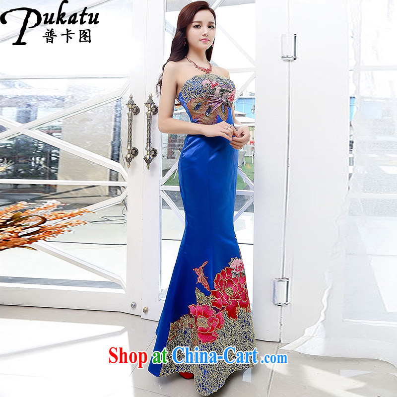 The card icon and drag and drop long skirt 2015 sexy bare chest China wind beautiful embroidered long dress wedding banquet dress the waist graphics thin dress royal blue M, Republika Srpska, PUKATU), and, on-line shopping