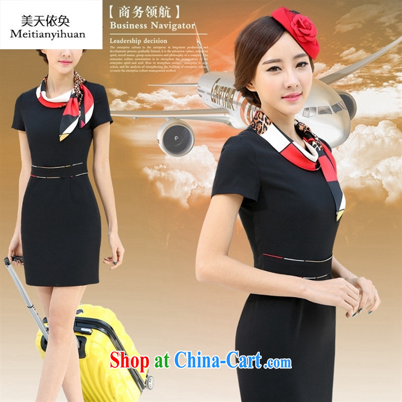 Career Women with a short-sleeved dress Korean air stewardesses uniforms beauty jewelry sale hotel clothing black XXXL